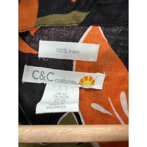 C&C California Black Tropical Print 100% Linen Button Up Shirt Women's Size XS - Picture 5 of 7